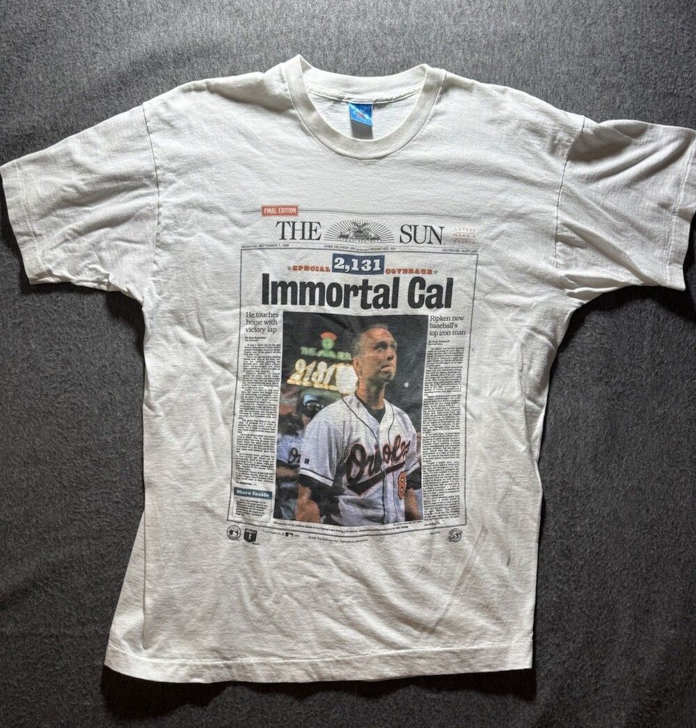 Vintage Baltimore Orioles Cal Ripken Shirt Mens XL White Newspaper 90s MLB